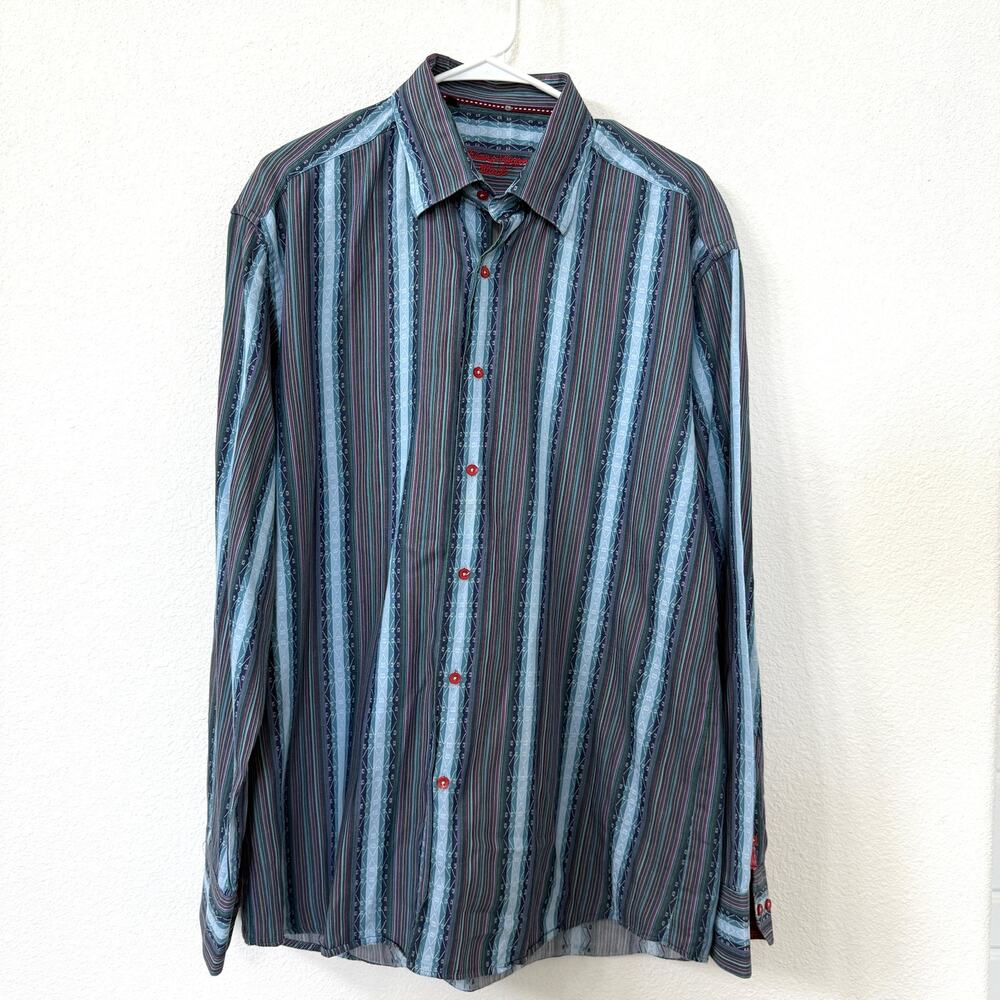 LUCHIANO VISCONTI‎ Black Multicolor Stripe Long Sleeve Button Down Shirt XL